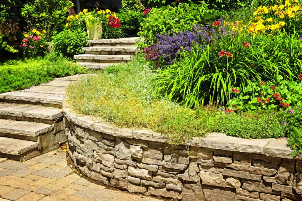 An example of a landscaping project that takes into consideration the uneven terrain of the property